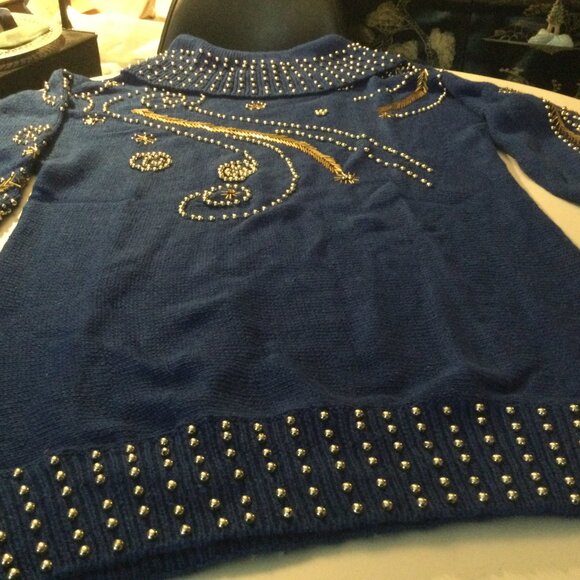 Victoria Harbour Blue n Gold Ladies Bedazzled sweater Vintage size: L - Picture 4 of 9
